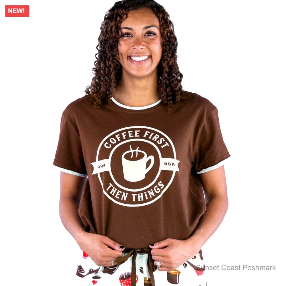 Pajama Set Coffee First Then Things Brown Cotyon Comfortable Sleepwear NWT